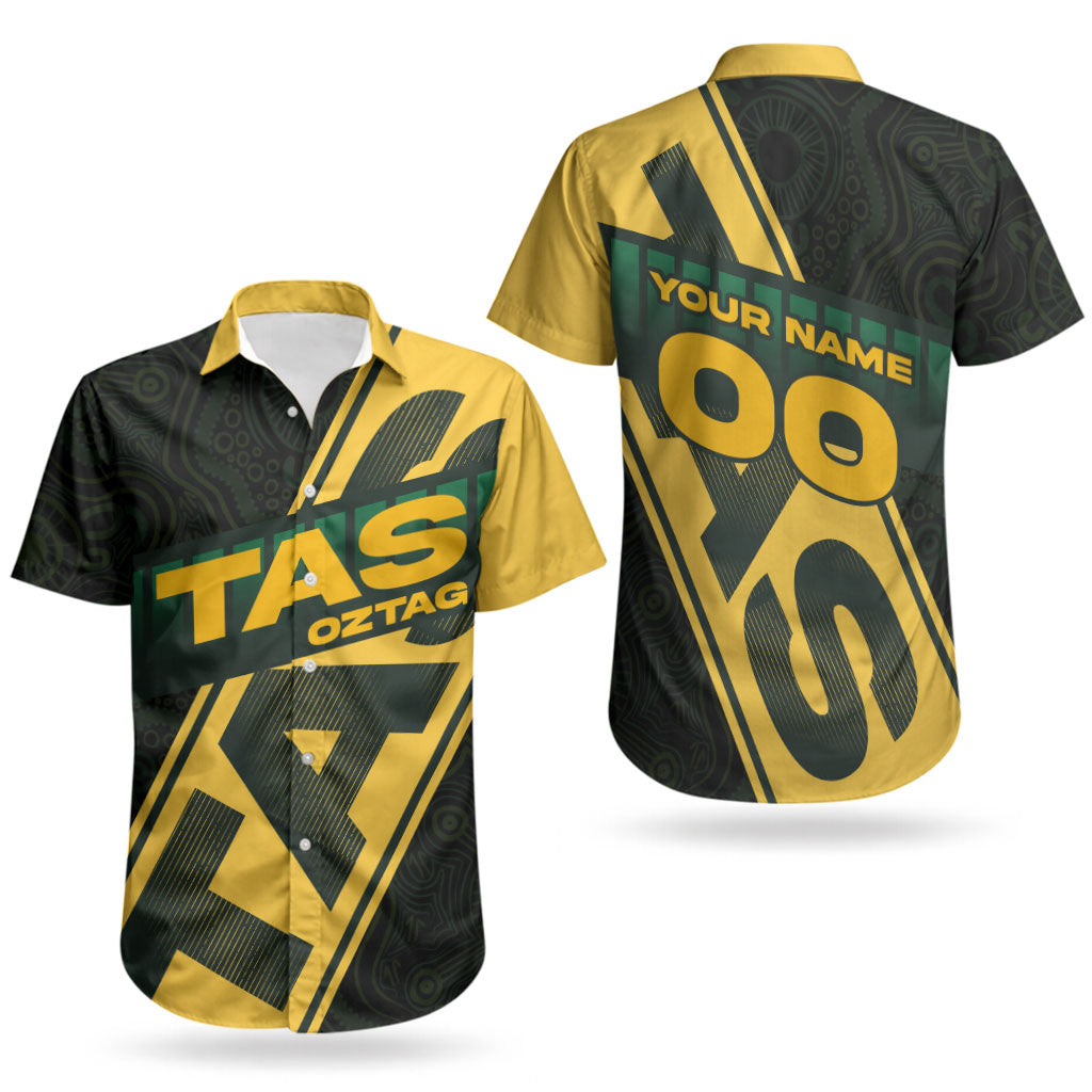 Personalised Tasmania Oztag Couples Matching Off Shoulder Short Dress and Hawaiian Shirt Black Gold Aboriginal Pattern