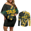 Personalised Tasmania Oztag Couples Matching Off Shoulder Short Dress and Long Sleeve Button Shirt Black Gold Aboriginal Pattern