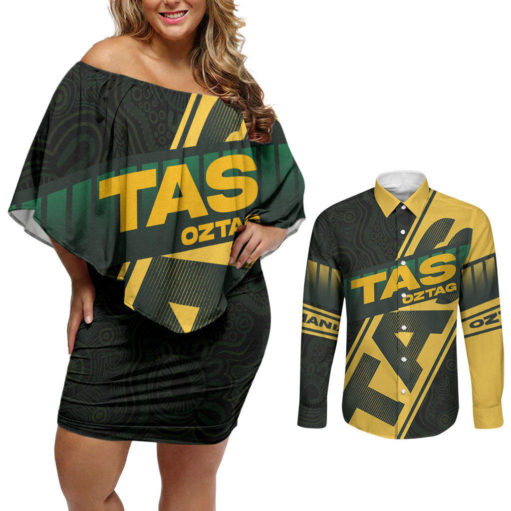 Personalised Tasmania Oztag Couples Matching Off Shoulder Short Dress and Long Sleeve Button Shirt Black Gold Aboriginal Pattern
