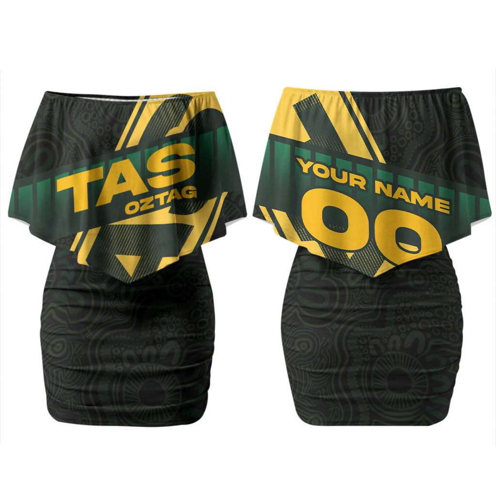 Personalised Tasmania Oztag Couples Matching Off Shoulder Short Dress and Long Sleeve Button Shirt Black Gold Aboriginal Pattern