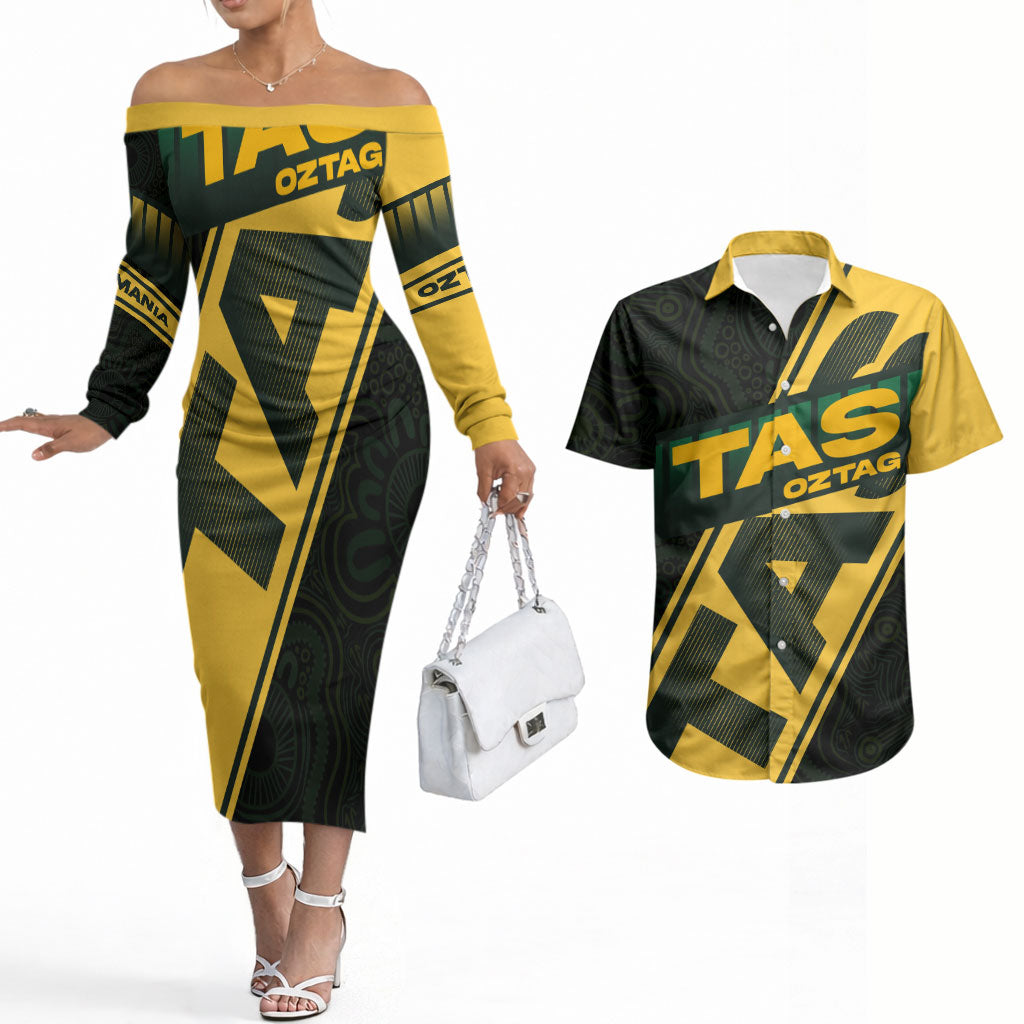 Personalised Tasmania Oztag Couples Matching Off The Shoulder Long Sleeve Dress and Hawaiian Shirt Black Gold Aboriginal Pattern