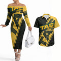 Personalised Tasmania Oztag Couples Matching Off The Shoulder Long Sleeve Dress and Hawaiian Shirt Black Gold Aboriginal Pattern
