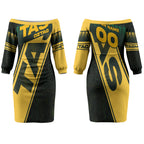 Personalised Tasmania Oztag Couples Matching Off The Shoulder Long Sleeve Dress and Hawaiian Shirt Black Gold Aboriginal Pattern