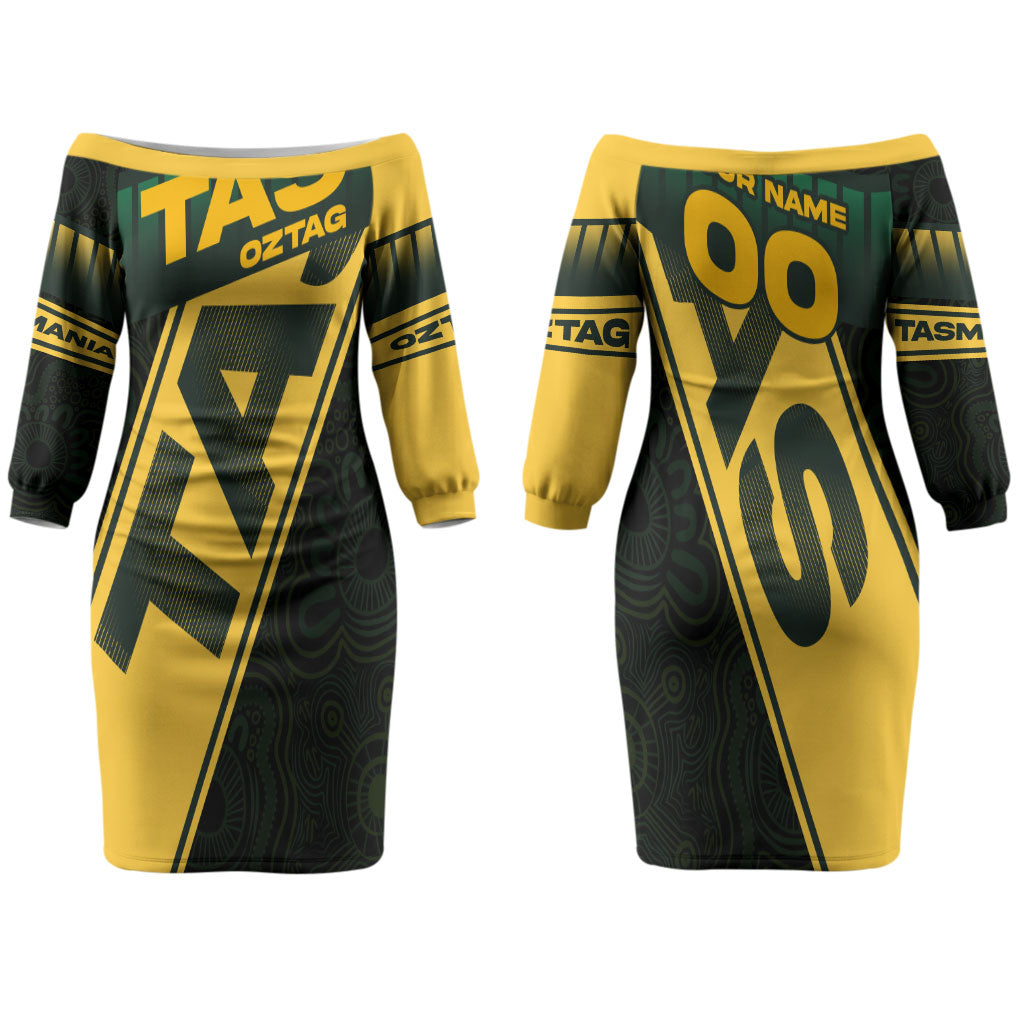 Personalised Tasmania Oztag Couples Matching Off The Shoulder Long Sleeve Dress and Hawaiian Shirt Black Gold Aboriginal Pattern