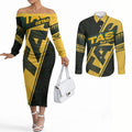 Personalised Tasmania Oztag Couples Matching Off The Shoulder Long Sleeve Dress and Long Sleeve Button Shirt Black Gold Aboriginal Pattern