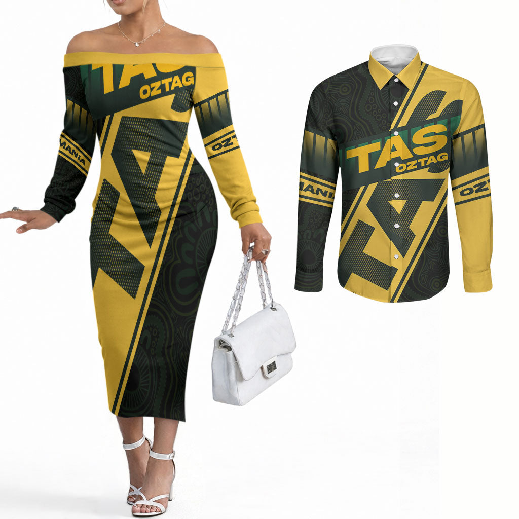 Personalised Tasmania Oztag Couples Matching Off The Shoulder Long Sleeve Dress and Long Sleeve Button Shirt Black Gold Aboriginal Pattern