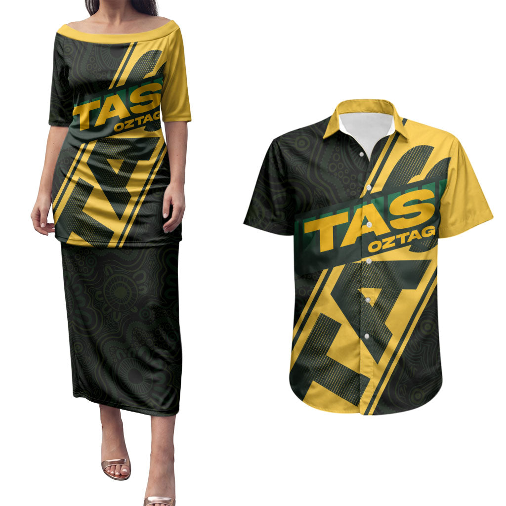 Personalised Tasmania Oztag Couples Matching Puletasi and Hawaiian Shirt Black Gold Aboriginal Pattern