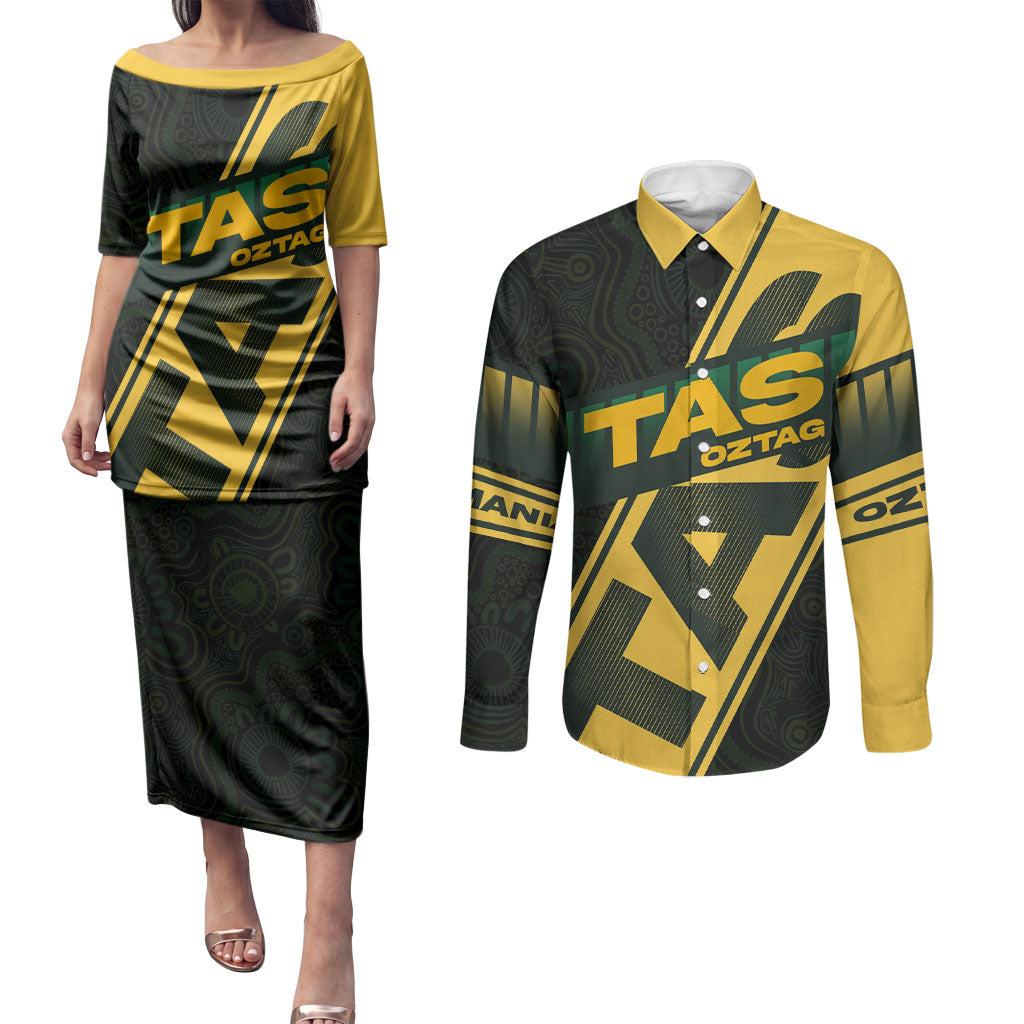 Personalised Tasmania Oztag Couples Matching Puletasi and Long Sleeve Button Shirt Black Gold Aboriginal Pattern