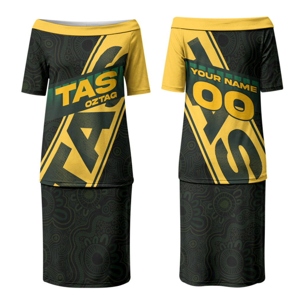 Personalised Tasmania Oztag Couples Matching Puletasi and Long Sleeve Button Shirt Black Gold Aboriginal Pattern