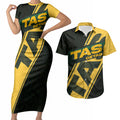 Personalised Tasmania Oztag Couples Matching Short Sleeve Bodycon Dress and Hawaiian Shirt Black Gold Aboriginal Pattern