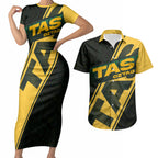 Personalised Tasmania Oztag Couples Matching Short Sleeve Bodycon Dress and Hawaiian Shirt Black Gold Aboriginal Pattern