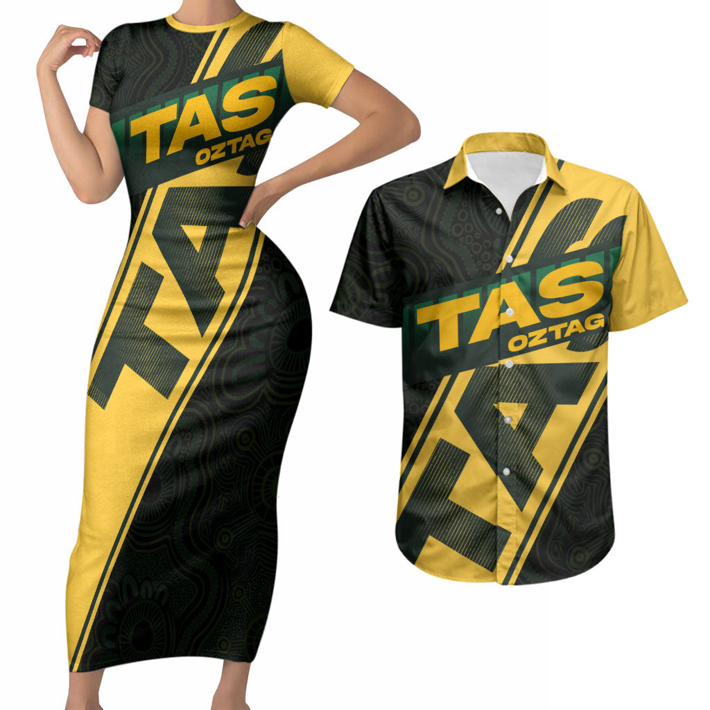 Personalised Tasmania Oztag Couples Matching Short Sleeve Bodycon Dress and Hawaiian Shirt Black Gold Aboriginal Pattern