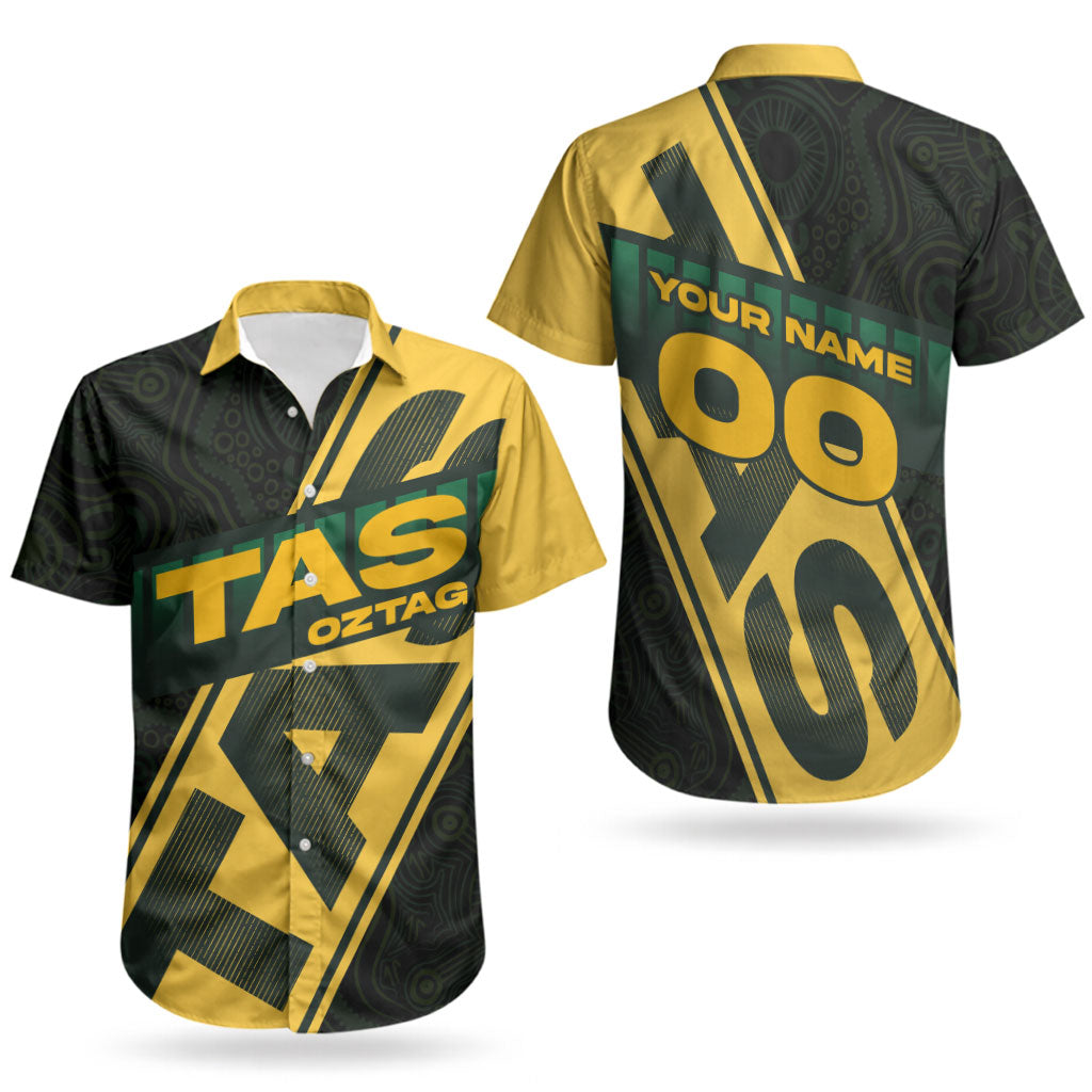 Personalised Tasmania Oztag Couples Matching Short Sleeve Bodycon Dress and Hawaiian Shirt Black Gold Aboriginal Pattern