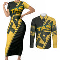 Personalised Tasmania Oztag Couples Matching Short Sleeve Bodycon Dress and Long Sleeve Button Shirt Black Gold Aboriginal Pattern
