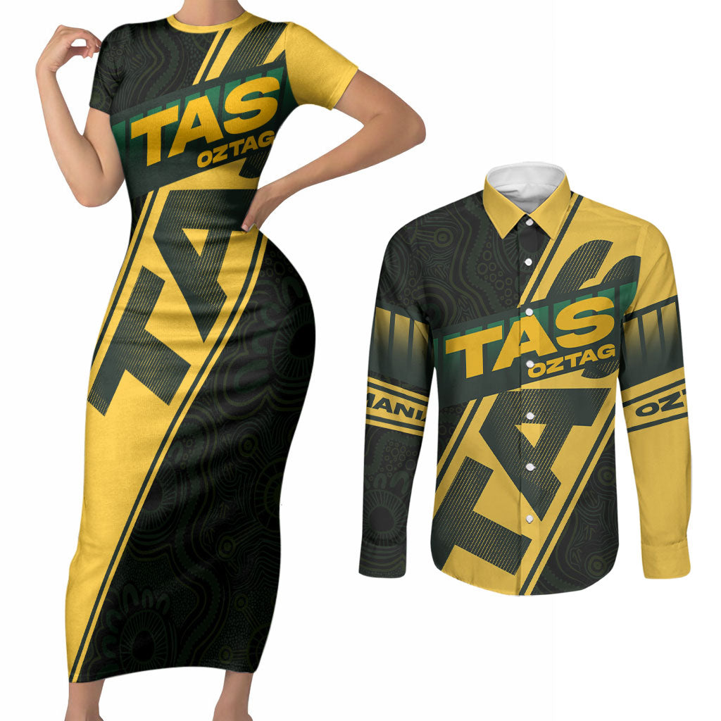 Personalised Tasmania Oztag Couples Matching Short Sleeve Bodycon Dress and Long Sleeve Button Shirt Black Gold Aboriginal Pattern