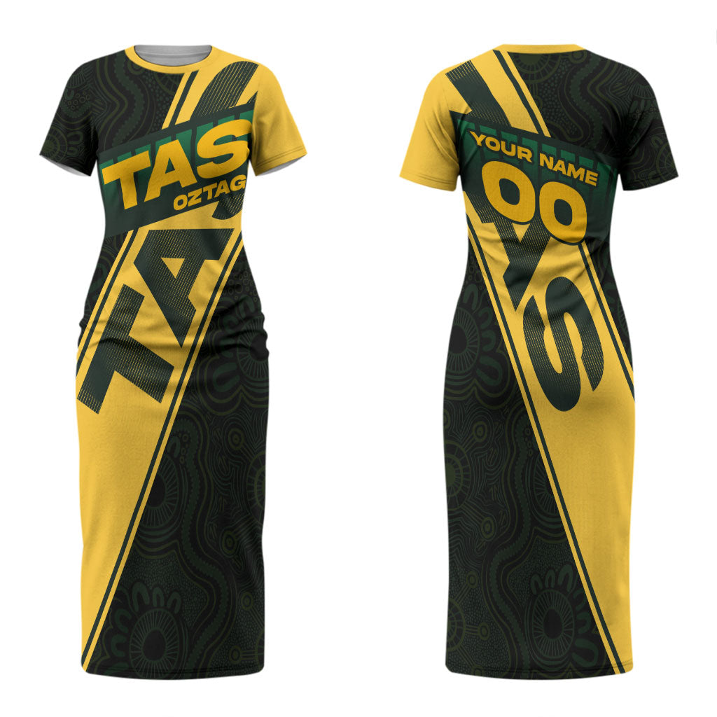 Personalised Tasmania Oztag Couples Matching Short Sleeve Bodycon Dress and Long Sleeve Button Shirt Black Gold Aboriginal Pattern