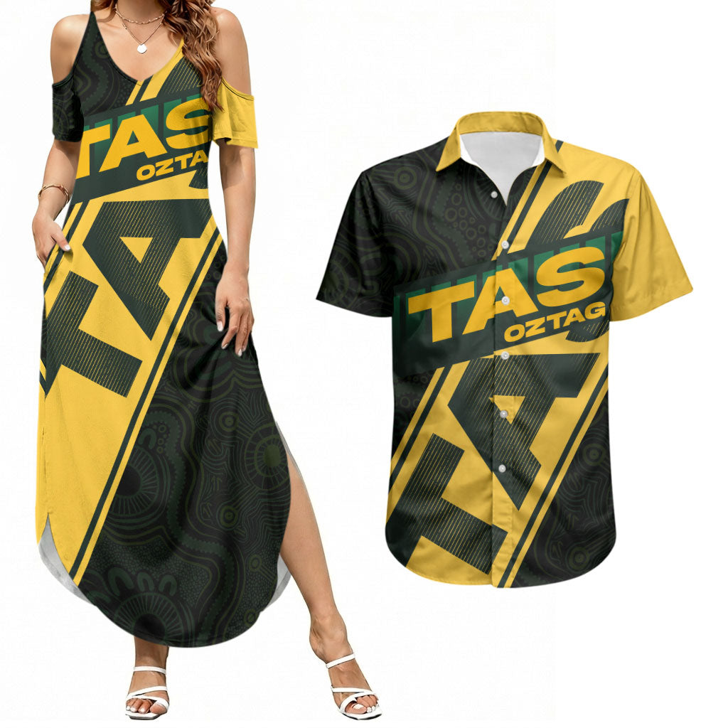 Personalised Tasmania Oztag Couples Matching Summer Maxi Dress and Hawaiian Shirt Black Gold Aboriginal Pattern
