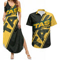 Personalised Tasmania Oztag Couples Matching Summer Maxi Dress and Hawaiian Shirt Black Gold Aboriginal Pattern