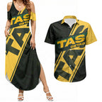 Personalised Tasmania Oztag Couples Matching Summer Maxi Dress and Hawaiian Shirt Black Gold Aboriginal Pattern