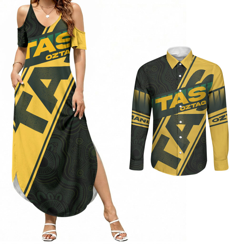 Personalised Tasmania Oztag Couples Matching Summer Maxi Dress and Long Sleeve Button Shirt Black Gold Aboriginal Pattern