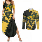 Personalised Tasmania Oztag Couples Matching Summer Maxi Dress and Long Sleeve Button Shirt Black Gold Aboriginal Pattern