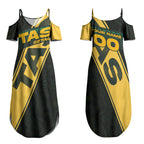 Personalised Tasmania Oztag Couples Matching Summer Maxi Dress and Long Sleeve Button Shirt Black Gold Aboriginal Pattern