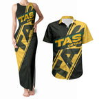 Personalised Tasmania Oztag Couples Matching Tank Maxi Dress and Hawaiian Shirt Black Gold Aboriginal Pattern