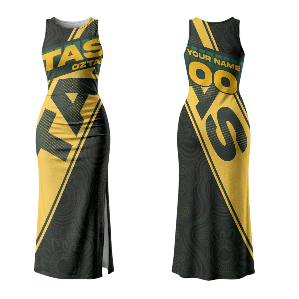 Personalised Tasmania Oztag Couples Matching Tank Maxi Dress and Hawaiian Shirt Black Gold Aboriginal Pattern