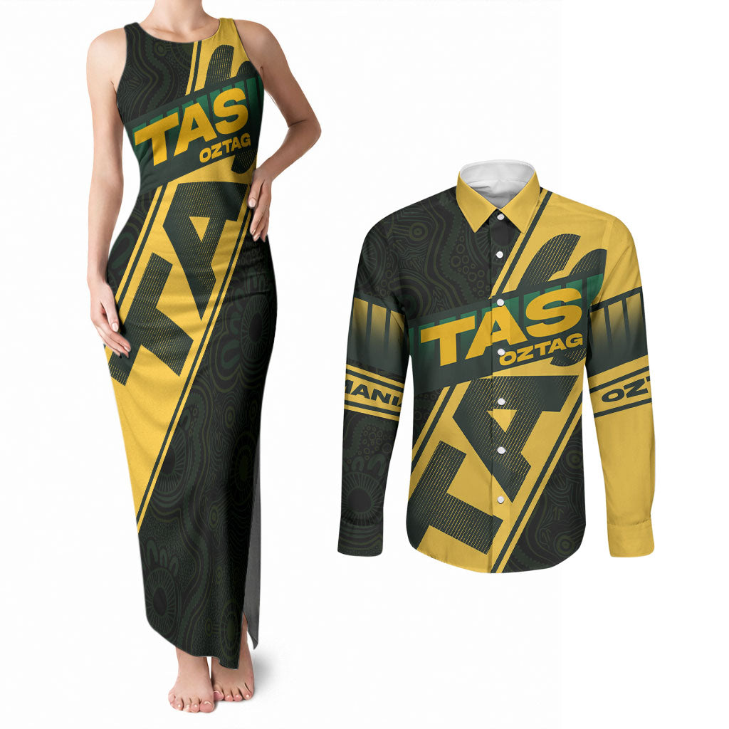 Personalised Tasmania Oztag Couples Matching Tank Maxi Dress and Long Sleeve Button Shirt Black Gold Aboriginal Pattern