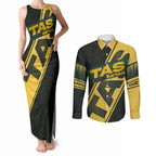 Personalised Tasmania Oztag Couples Matching Tank Maxi Dress and Long Sleeve Button Shirt Black Gold Aboriginal Pattern