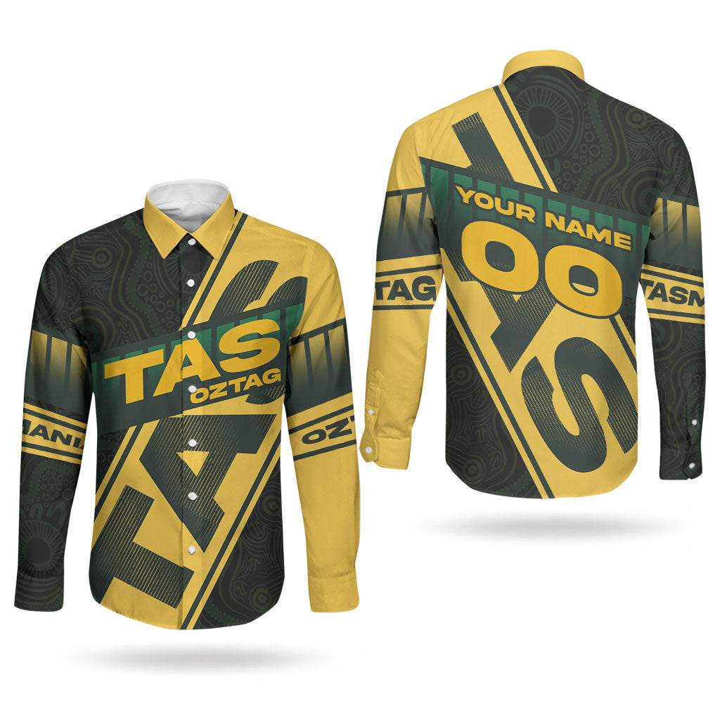 Personalised Tasmania Oztag Couples Matching Tank Maxi Dress and Long Sleeve Button Shirt Black Gold Aboriginal Pattern