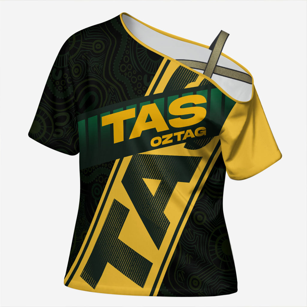 Personalised Tasmania Oztag Cross Shoulder Shirt Black Gold Aboriginal Pattern