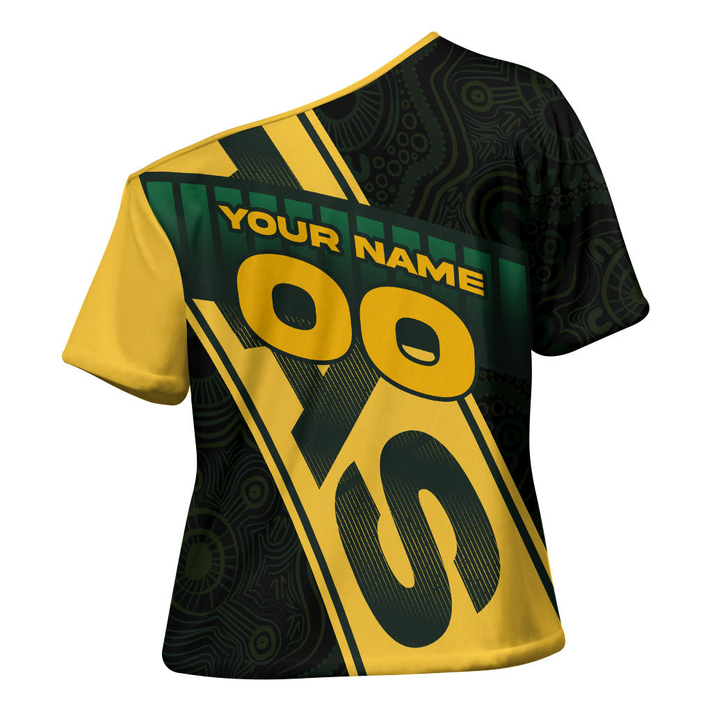 Personalised Tasmania Oztag Cross Shoulder Shirt Black Gold Aboriginal Pattern