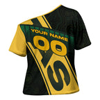 Personalised Tasmania Oztag Cross Shoulder Shirt Black Gold Aboriginal Pattern
