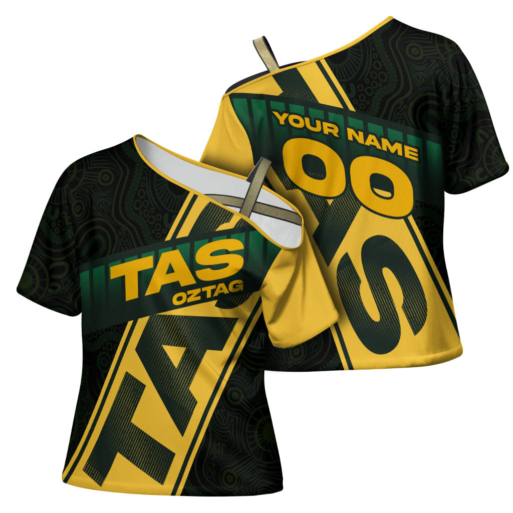 Personalised Tasmania Oztag Cross Shoulder Shirt Black Gold Aboriginal Pattern