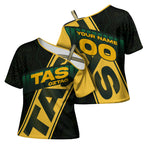 Personalised Tasmania Oztag Cross Shoulder Shirt Black Gold Aboriginal Pattern