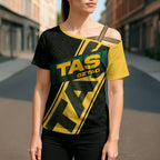 Personalised Tasmania Oztag Cross Shoulder Shirt Black Gold Aboriginal Pattern