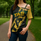Personalised Tasmania Oztag Cross Shoulder Shirt Black Gold Aboriginal Pattern