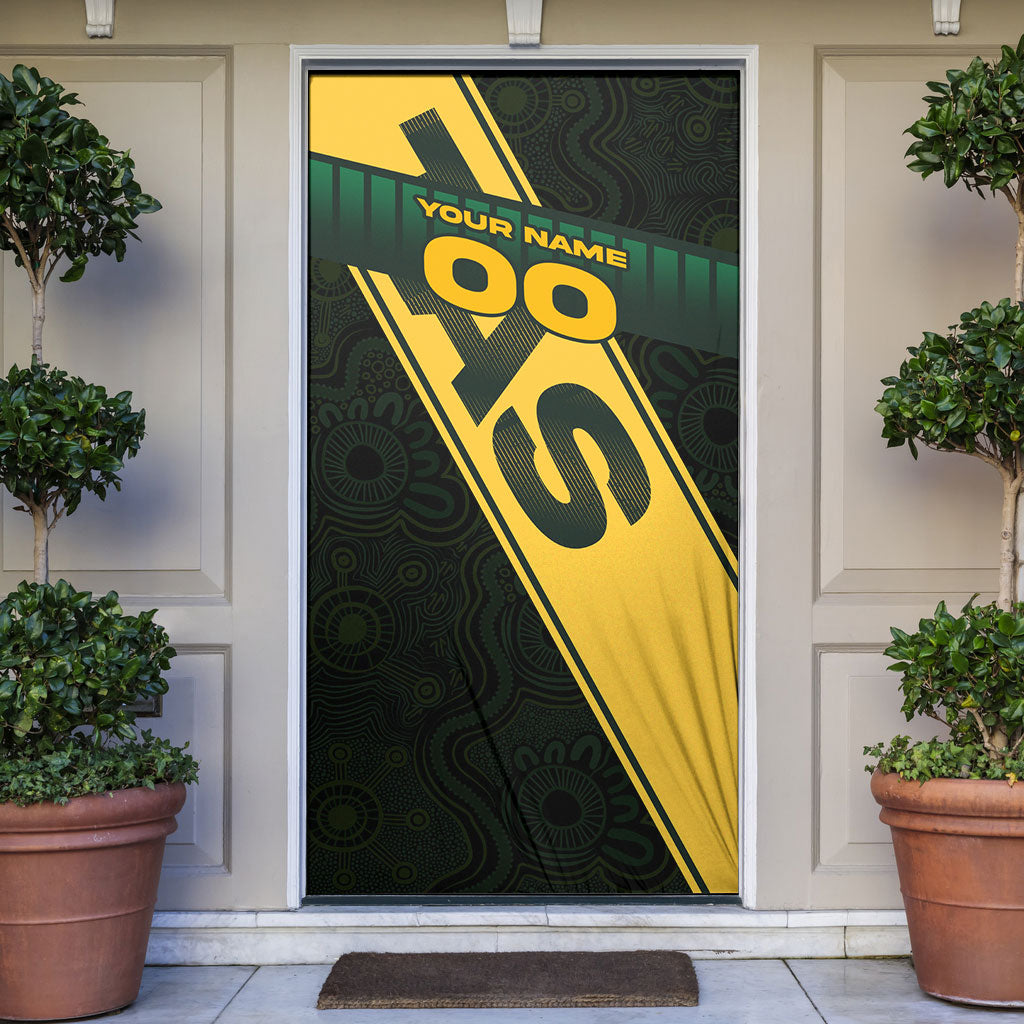 Personalised Tasmania Oztag Door Cover Black Gold Aboriginal Pattern