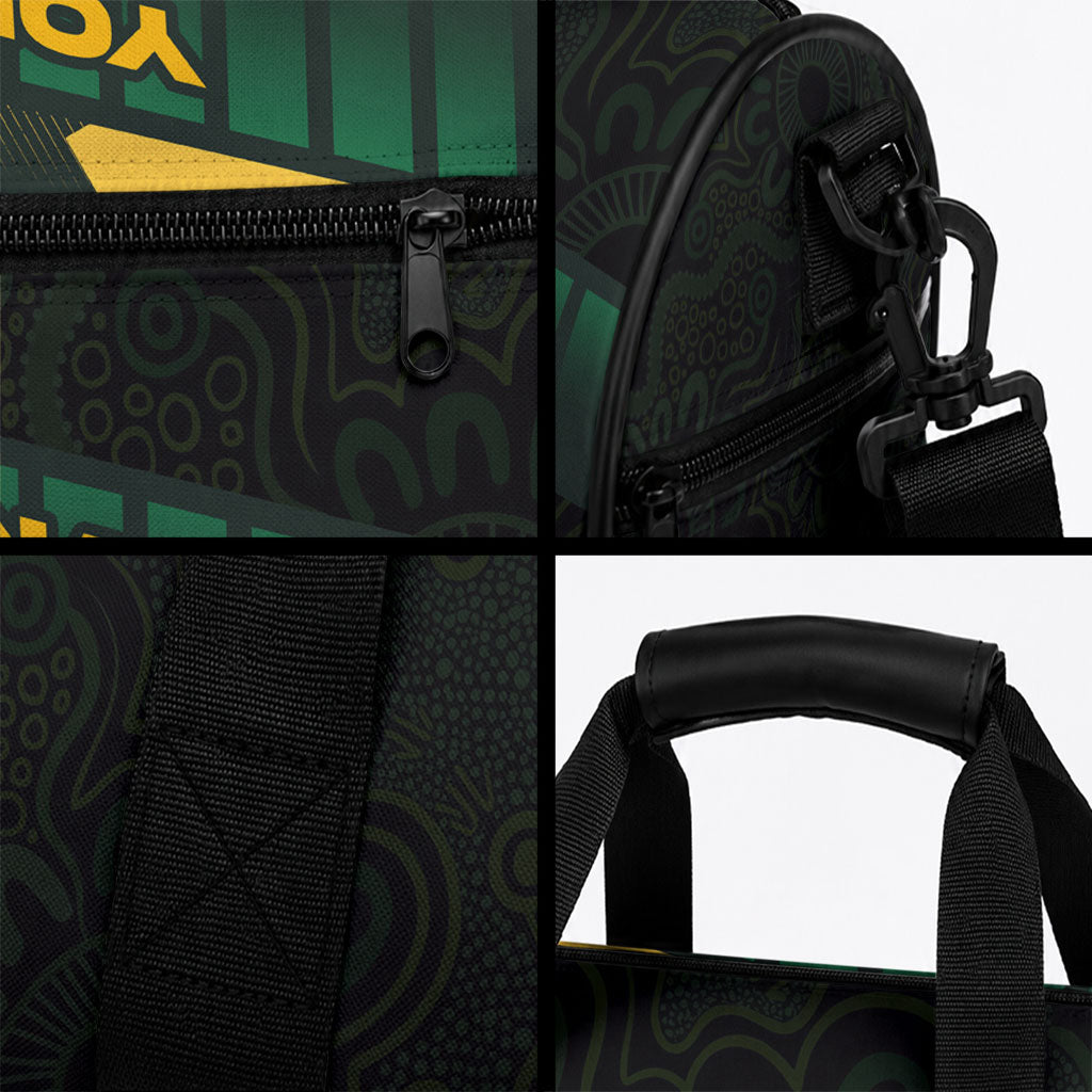 Personalised Tasmania Oztag Duffle Bag Black Gold Aboriginal Pattern