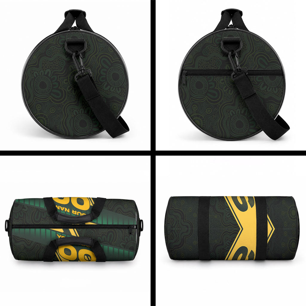 Personalised Tasmania Oztag Duffle Bag Black Gold Aboriginal Pattern