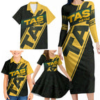 Personalised Tasmania Oztag Family Matching Long Sleeve Bodycon Dress and Hawaiian Shirt Black Gold Aboriginal Pattern