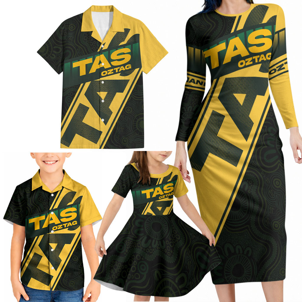 Personalised Tasmania Oztag Family Matching Long Sleeve Bodycon Dress and Hawaiian Shirt Black Gold Aboriginal Pattern