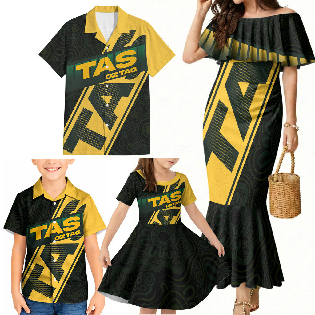 Personalised Tasmania Oztag Family Matching Mermaid Dress and Hawaiian Shirt Black Gold Aboriginal Pattern