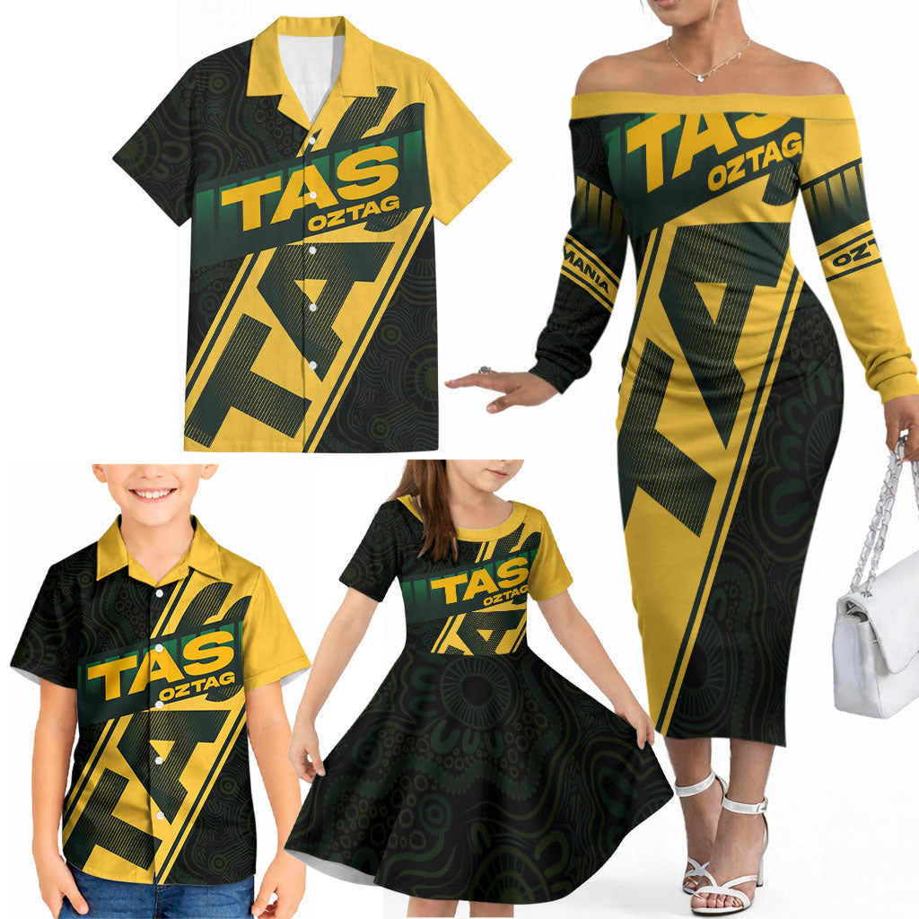Personalised Tasmania Oztag Family Matching Off The Shoulder Long Sleeve Dress and Hawaiian Shirt Black Gold Aboriginal Pattern