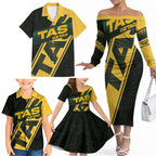 Personalised Tasmania Oztag Family Matching Off The Shoulder Long Sleeve Dress and Hawaiian Shirt Black Gold Aboriginal Pattern