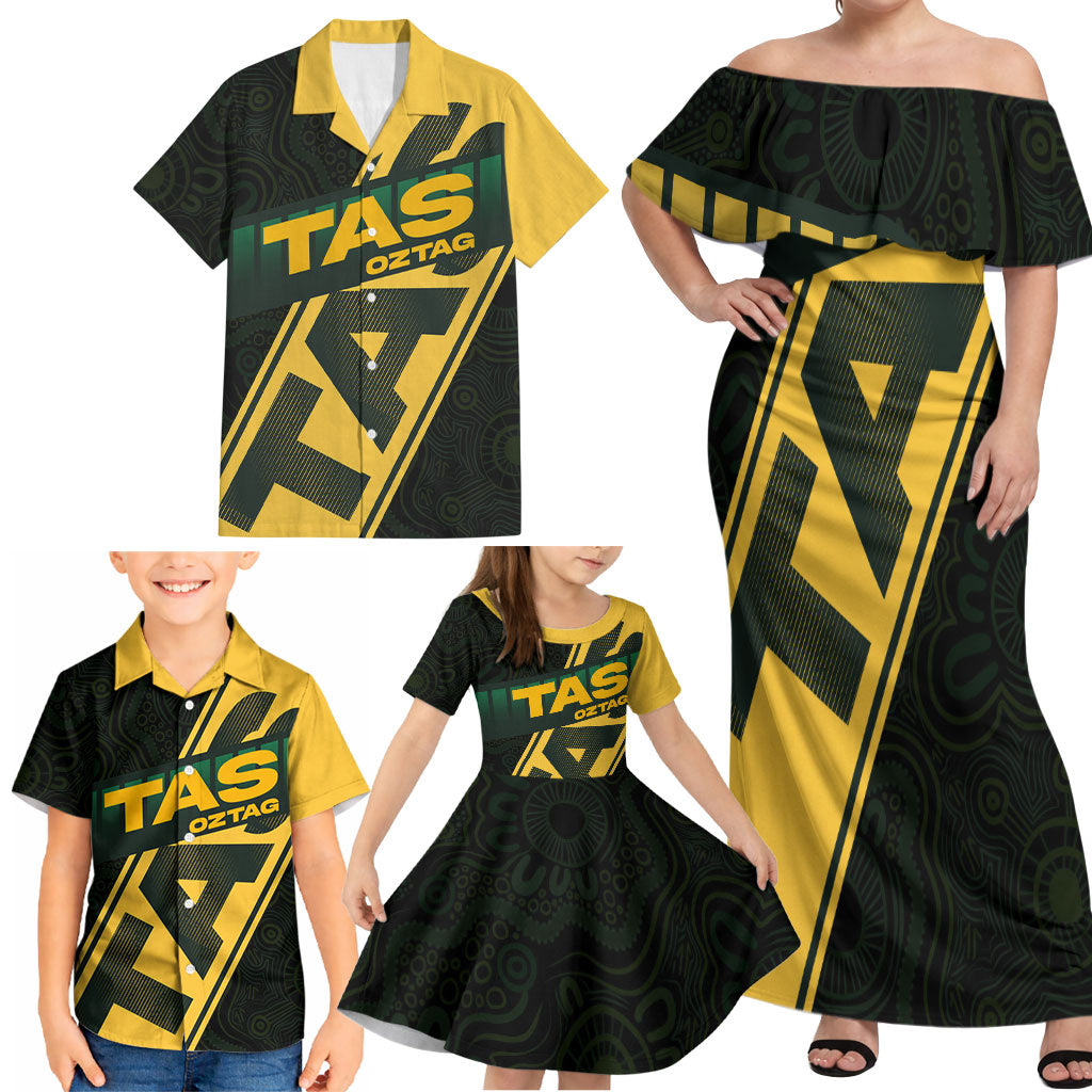 Personalised Tasmania Oztag Family Matching Off Shoulder Maxi Dress and Hawaiian Shirt Black Gold Aboriginal Pattern