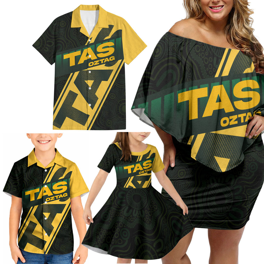 Personalised Tasmania Oztag Family Matching Off Shoulder Short Dress and Hawaiian Shirt Black Gold Aboriginal Pattern