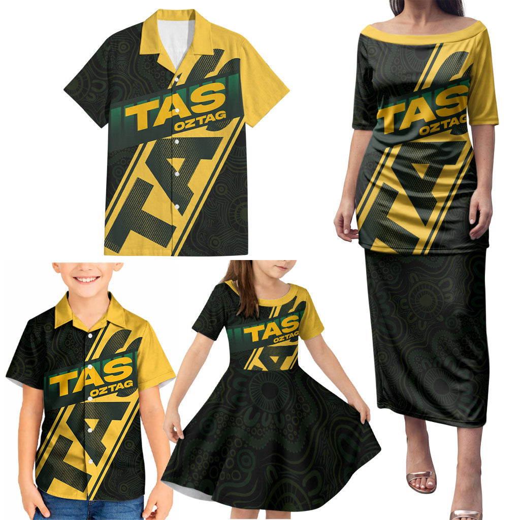 Personalised Tasmania Oztag Family Matching Puletasi and Hawaiian Shirt Black Gold Aboriginal Pattern