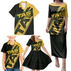 Personalised Tasmania Oztag Family Matching Puletasi and Hawaiian Shirt Black Gold Aboriginal Pattern
